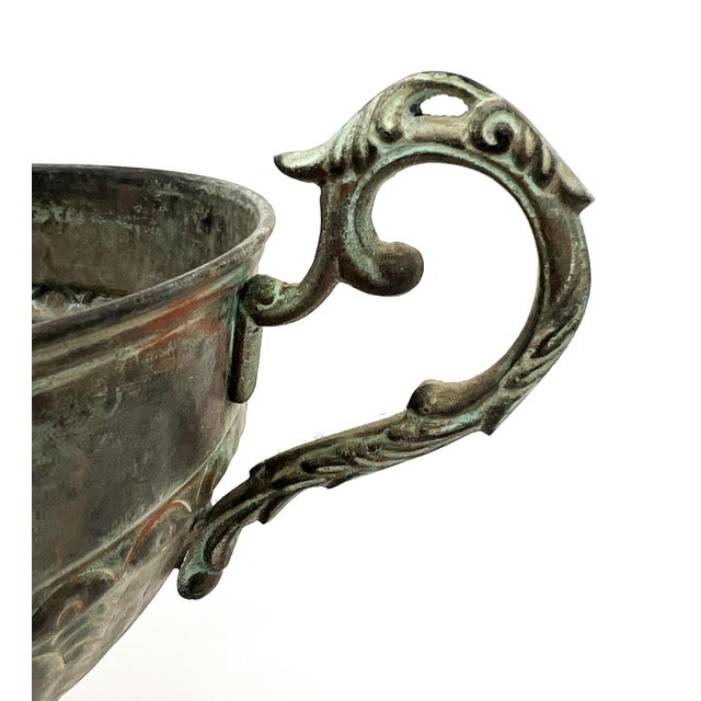 Late 20th Century Vintage Verdigris Brass Urn With Scroll Handles on Pedestal Base - Neoclassical, Traditional, Classical For Sale - Image 5 of 12