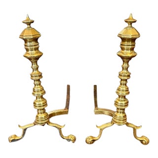 Antique Brass Andirons Pair-Chippendale-Beehive-Claw Foot-Fireplace Dogs-Federal For Sale