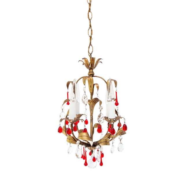 Small Italian Chandelier in Gilt Metal with Leaves and Red Drops, 1960s For Sale
