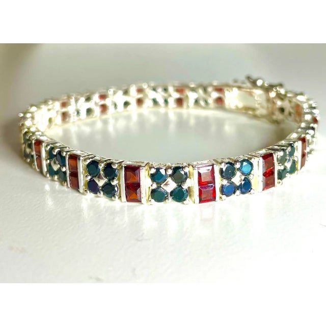Contemporary Sterling Silver Rhodium, Ruby, and Sapphire Double Row Tennis Bracelet For Sale - Image 3 of 5