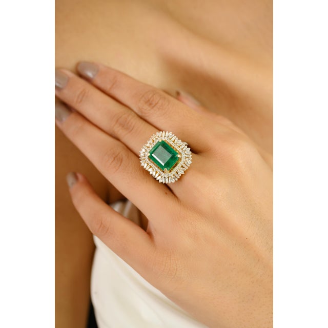 Not Yet Made - Made To Order Estate 14k Gold 4.83 Ct Emerald & Diamond Cocktail Ring Size 7 For Sale - Image 5 of 12