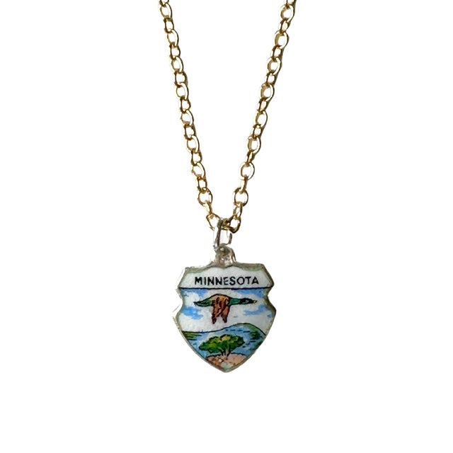 Minnesota Vintage Fritz Reu Sterling Silver Enamel Charm on New 18 Inch Gold Filled Necklace For Sale - Image 4 of 5