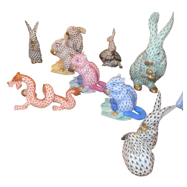 Charming set of ten Herend Hungary porcelain animal figurines, each decorated in the brand’s iconic hand-painted fishnet...