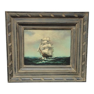 Vintage Signed Marine Oil Painting of a Clipper Ship at Sea in Distressed Frame For Sale