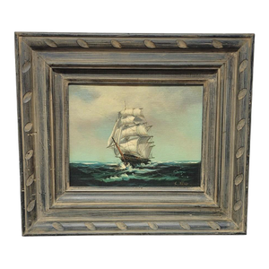 Vintage Signed Marine Oil Painting of a Clipper Ship at Sea in Distressed Frame