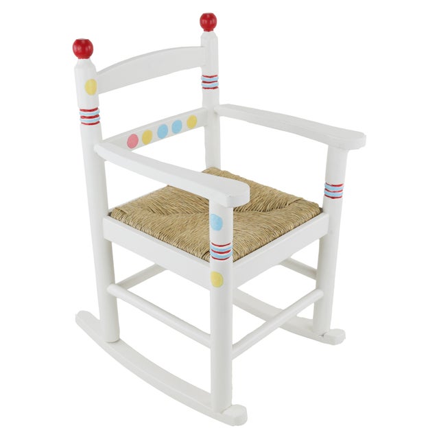 Lovely Hand-Painted Children's Rocking Chair With Hand-Woven Reed Seat Cushions For Sale - Image 12 of 12