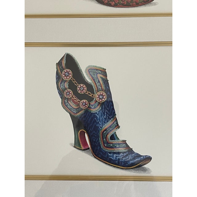 Great pair of vintage chromolithographs in gold frames of antique Marie Antoinette fashion shoes.