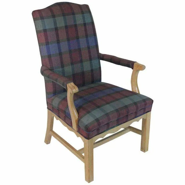 Wood Baker High Back Arm Chair, Bleached White Washed Oak, Plaid Moire Fabric For Sale - Image 7 of 7