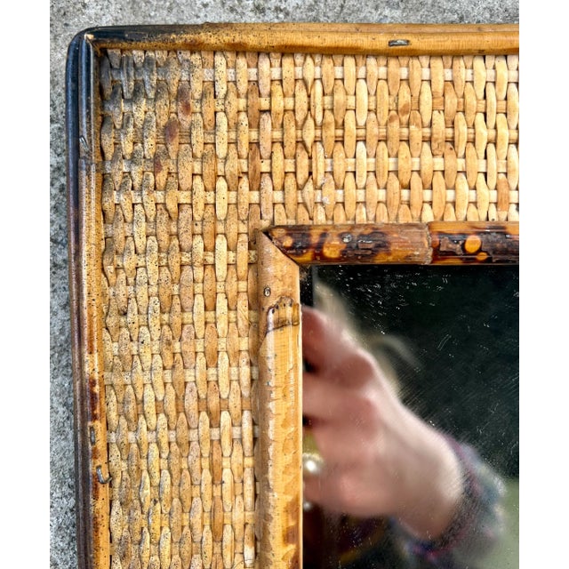Boho Chic Natural Woven and Speckled Bamboo Rattan Mirror For Sale - Image 3 of 7