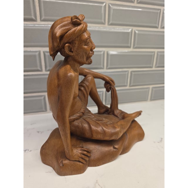 Wood 1950s Mid-Century Modern Realism Balinese Modernist "Seated Philosopher" Satinwood Sculpture For Sale - Image 7 of 12