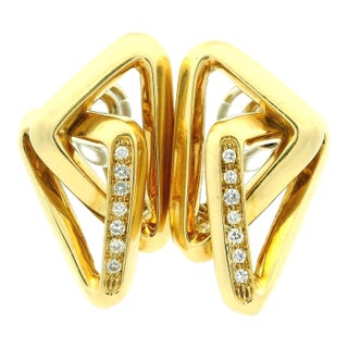 1980s Italian 18k Gold and Diamond Geometric Earrings, Pair For Sale