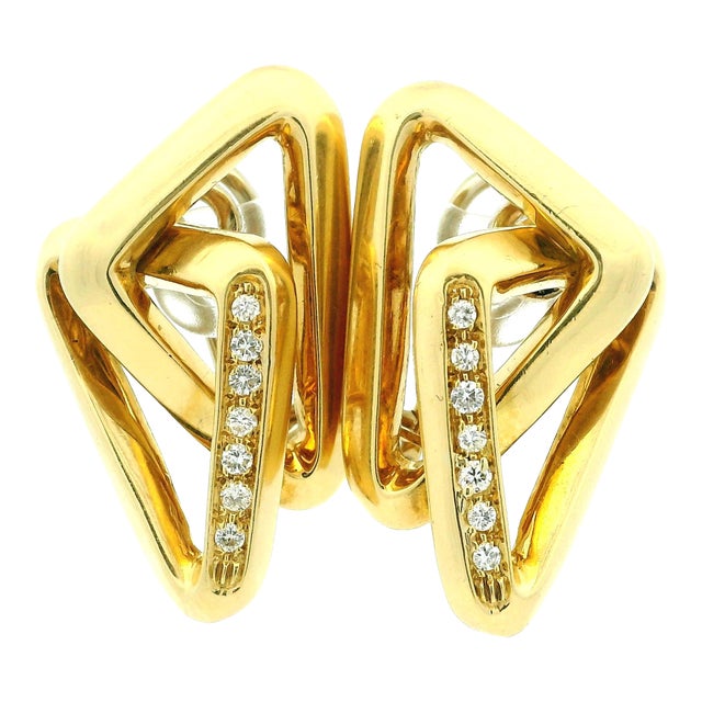 1980s Italian 18k Gold and Diamond Geometric Earrings, Pair For Sale