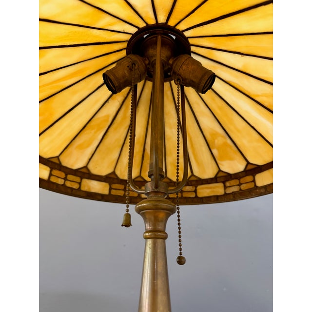 Metal Antique Duffner & Kimberly Leaded Glass Table Lamp, Geometric Banded Shade For Sale - Image 7 of 11