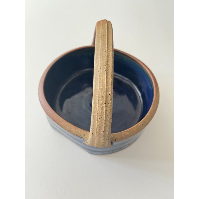American Handmade Blue Ceramic Serving Dish With Handle For Sale - Image 3 of 8