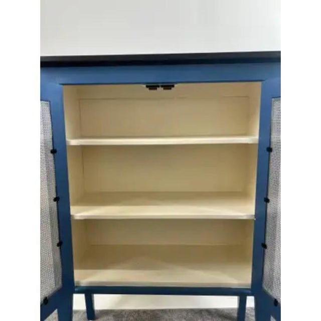 Blue Modern Farmhouse Blue Solid Pin With Silver-Tone Mesh Doors Server or Cabinet For Sale - Image 8 of 13