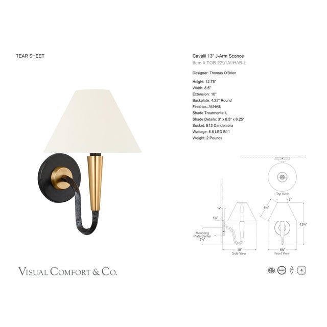 Thomas O'Brien for Visual Comfort Signature Cavalli 13" J-Arm Sconce in Aged Iron and Hand-Rubbed Antique Brass with Linen Shade For Sale In Houston - Image 6 of 8
