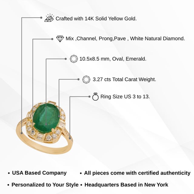 Mid 1920s Style 3.27Carats Oval Emerald Diamond 14k Gold Art Deco Ring Size 4 For Sale - Image 13 of 18