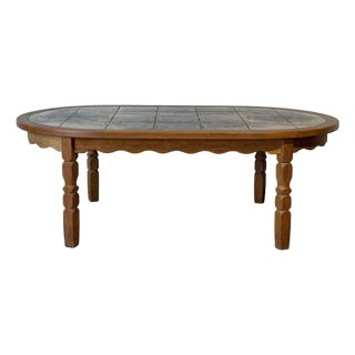 Oak Inset Tile Top Oval Coffee Table With Scalloped Apron Vintage Mid-Century Modern 1970s For Sale