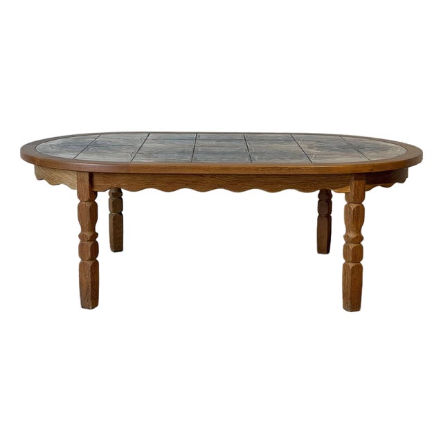 Oak Inset Tile Top Oval Coffee Table With Scalloped Apron Vintage Mid-Century Modern 1970s For Sale
