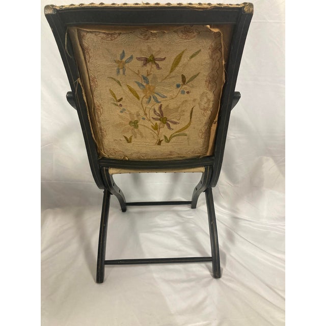 Napoleon III Ebonized Folding Armchair — Original Crewelwork, c.1875 For Sale - Image 4 of 14