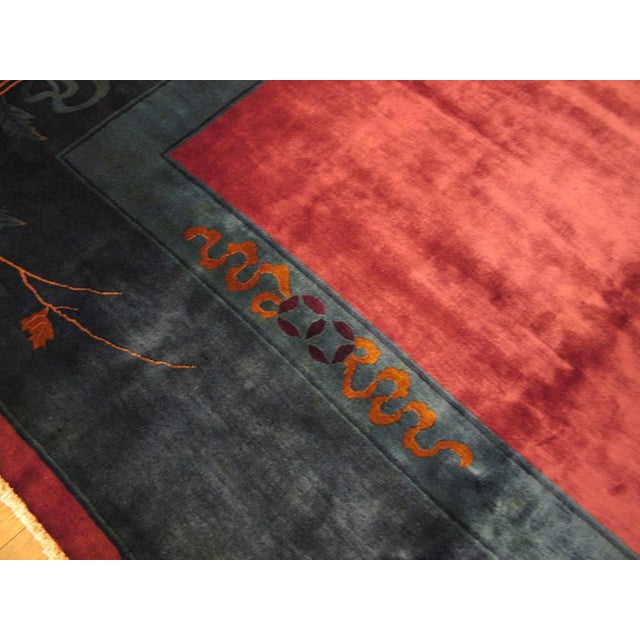 1920s Red Raspebery Floral Antique Chinese Art Deco Rug 9'4" X 11'4" Hand Knotted Wool Carpet For Sale - Image 4 of 6