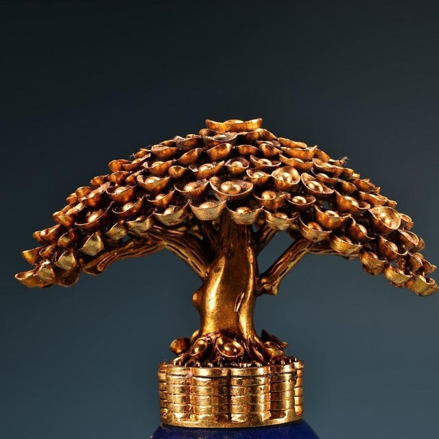 Gilt Metal "Money Tree" Sculpture on Lapis Lazuli Base For Sale In Los Angeles - Image 6 of 10