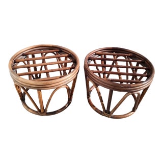 Vintage Rattan Franco Albini Style Mid-Century Low Round Foot Stools- a Pair For Sale