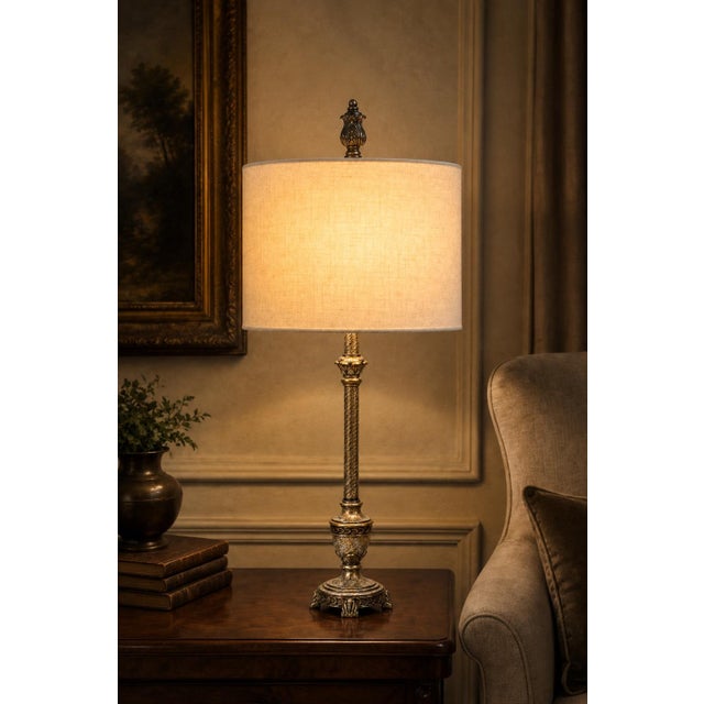 Hollywood Regency Vintage Berman Neoclassical Silver-Gilt Table Lamp With Linen Drum Shade For Sale - Image 3 of 3
