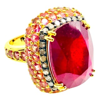 Bochic "Orient" Vintage Ruby, Diamond & Pink Sapphire Ring Set 18K Gold & Silver For Sale
