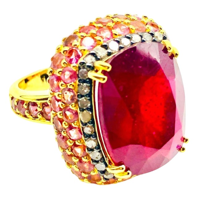 Bochic "Orient" Vintage Ruby, Diamond & Pink Sapphire Ring Set 18K Gold & Silver For Sale