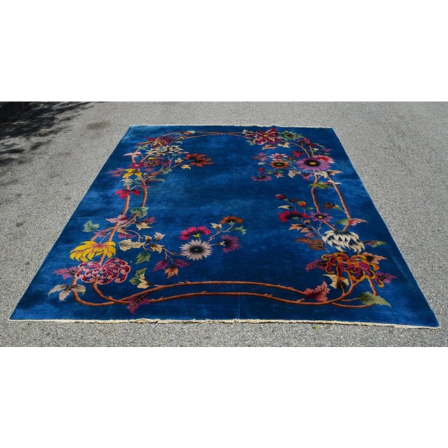 Peking Chinese Handmade Rug Antique 1900s Bright Blue Background Multi-Color floral 100% Wool High Pile 1'' Square Inch...