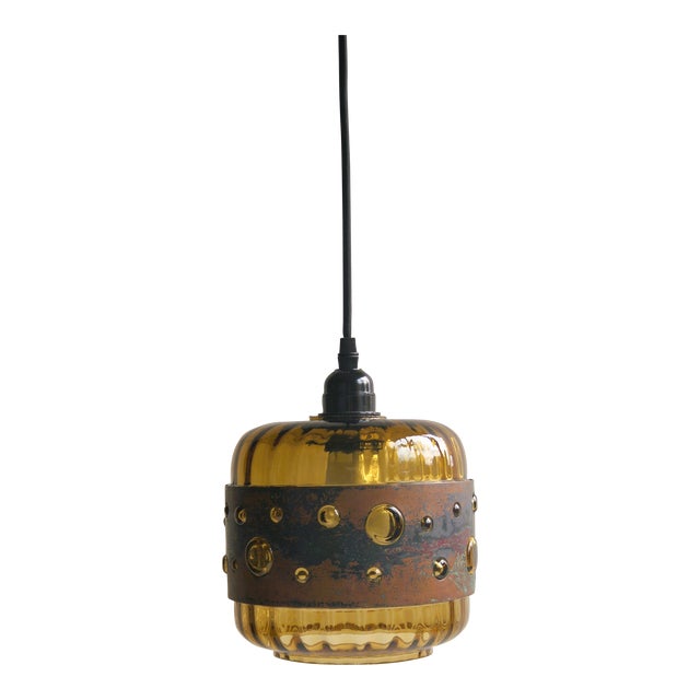 Mid-Century Brutalist Boho Style Ceiling Lamp in Green Colored Glass and Copper. Design by Nanny Still for Raak Holland, 1960s For Sale