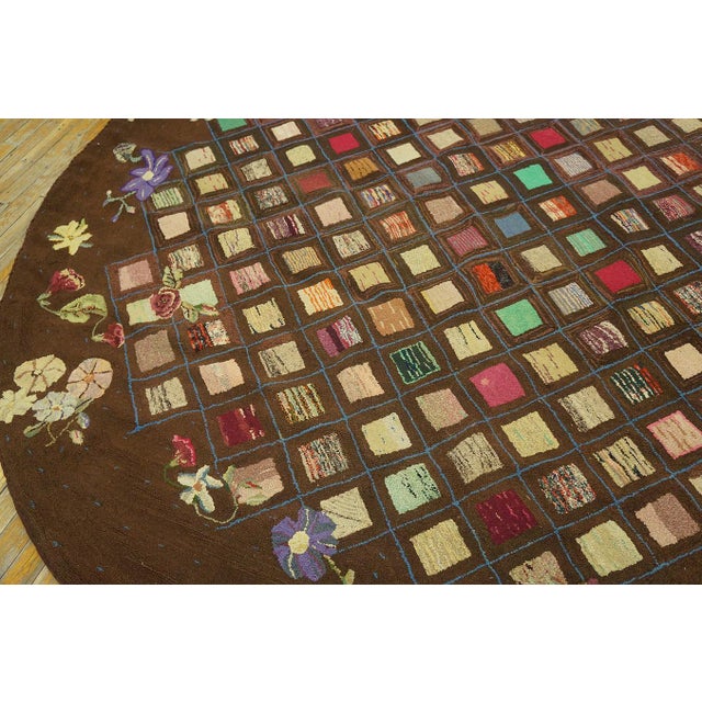 1920s Brown Diamond Folk Art Antique Oval American Hooked Rug 7'8" X 10'6" Handknotted Wool Carpet For Sale - Image 4 of 10