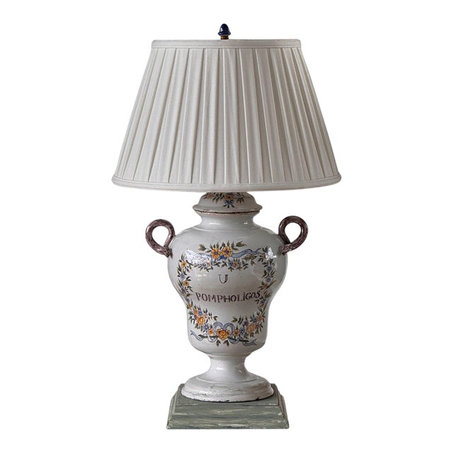Late 20th Century French Faience Lamp With Floral Wreath and Serpent Handles For Sale