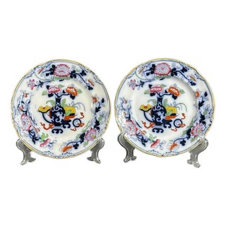 Antique English Porcelain Noma Plates with Hand-Painted Decor from Ridgway, 1850s, Set of 2 For Sale
