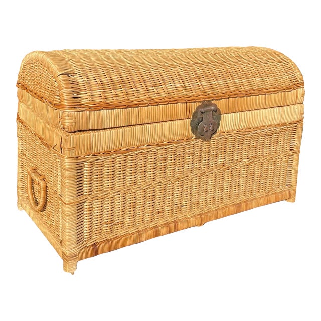1970s Vintage Wicker Chest With Wrapped Rattan Frame and Decorative