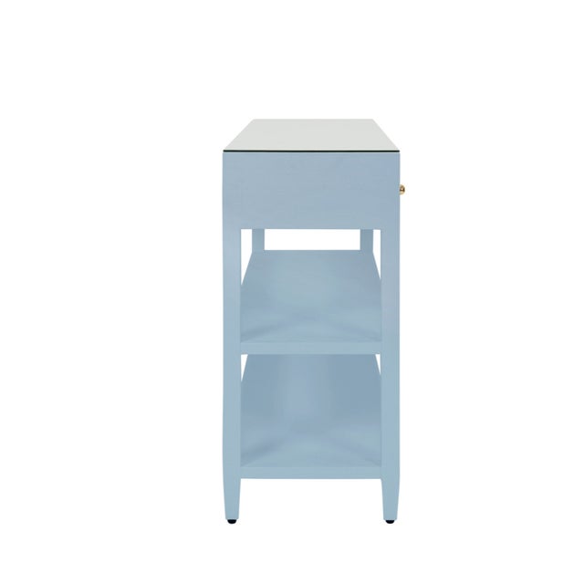 Not Yet Made - Made To Order Matthew Izzo Home Briar Light Blue Textured Linen Two Drawer Console With Glass Top and Brass Hardware For Sale - Image 5 of 10