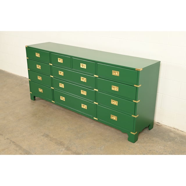Mid-Century Modern Drexel Heritage Mid-Century Hollywood Regency Campaign Green Lacquered Dresser | Newly Refinished For Sale - Image 3 of 13