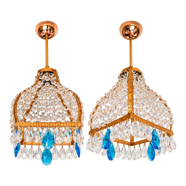 Vintage French Empire Brass & Crystal Pendant Light With Aqua Blue Drops - Pair Restored For Sale