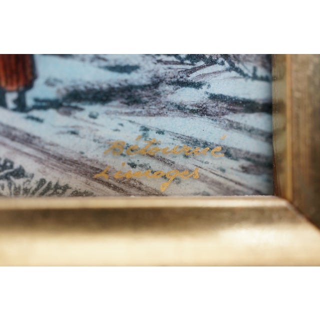 Gold Late 20th Century Jean Betourne Limoges Enamel on Copper Winter Farmhouse Landscape Scene For Sale - Image 8 of 10