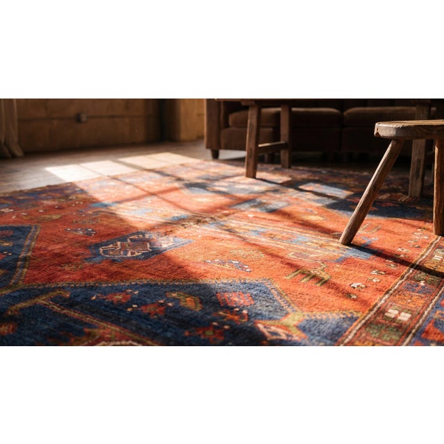 Textile 1920s Red Blue Geometric Antique Persian Malayer " Tousirkan " Rug 5' X 6' Handknotted Wool Carpet For Sale - Image 7 of 9