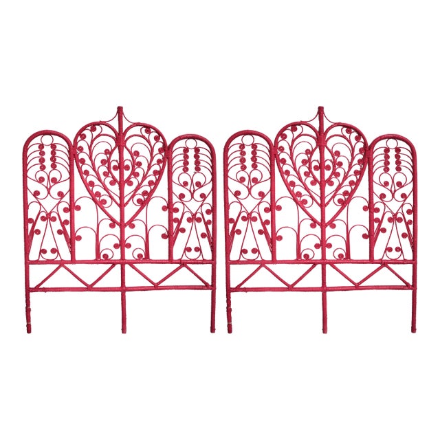 Mid Century Boho Chic Rattan Heart Motif Twin Headboards - A Pair For Sale