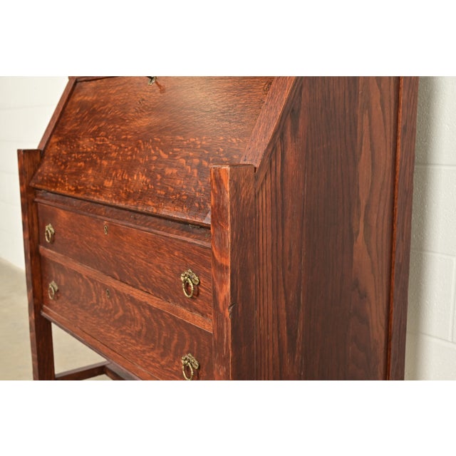 Stickley Brothers Style Antique Mission Oak Arts & Crafts Secretary Desk With Bookcase Hutch, Circa 1910 For Sale - Image 9 of 14