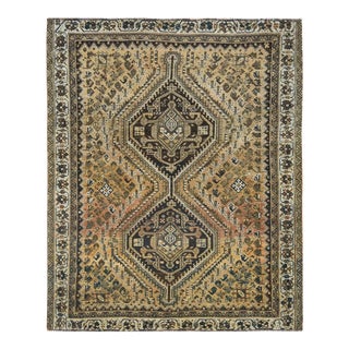 1960s Sand Color Vintage Persian Shiraz With Geometric Medallion DesignAbrash Hand Knotted Wool Distressed Squarish Rug For Sale