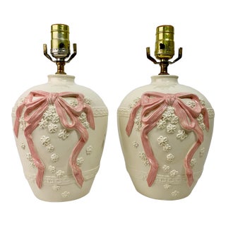 Pair of Vintage Ceramic Table Lamps With Ribbon Bow and Flowers For Sale