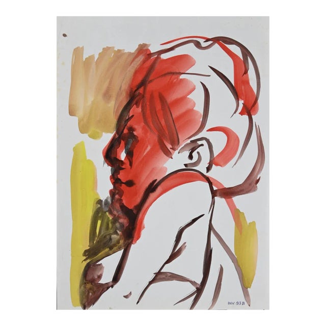 Leo Guida, Woman Red Profile, Original Watercolor On Paper, 1970s For Sale