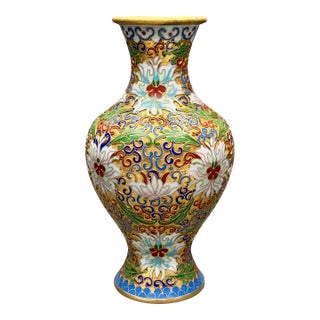 Vintage Chinese Cloisonné Enamel Floral Lotus Vase For Sale