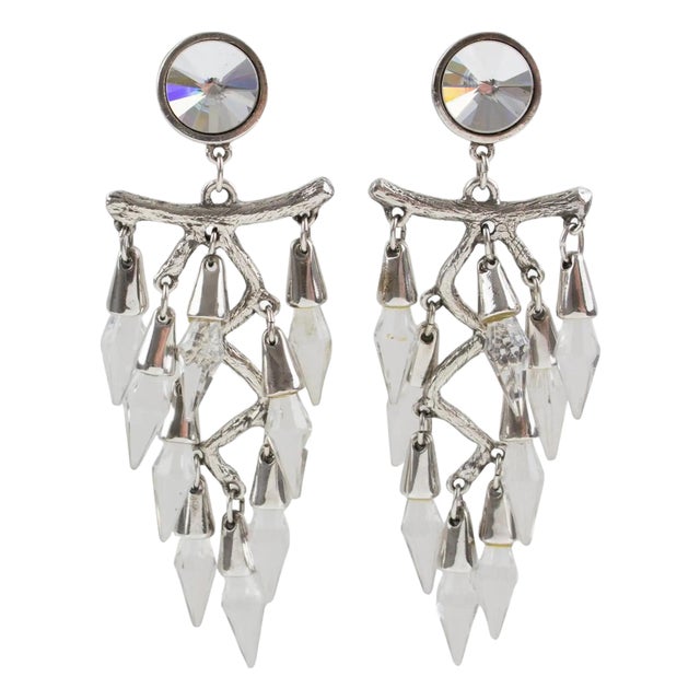 Faceted Crystal Drops Chandelier Silver Plate Clip Earrings For Sale