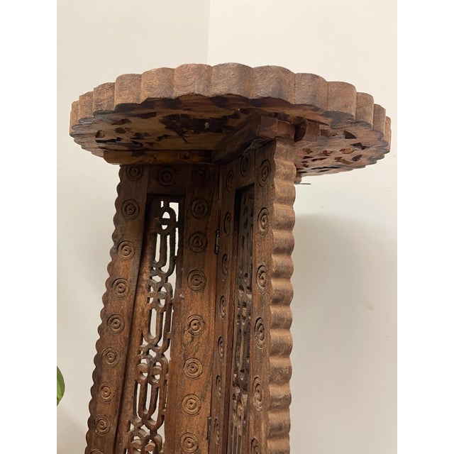 1970s Hand Carved Indian Wooden Pedestal Side Table With Inlay, Folding Base and Removable Top For Sale In Seattle - Image 6 of 12