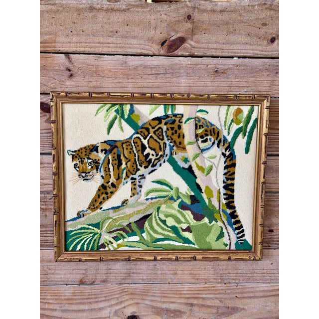 Vintage Leopard Jungle Needlepoint Textile Art in Faux Bamboo Frame For Sale - Image 11 of 11